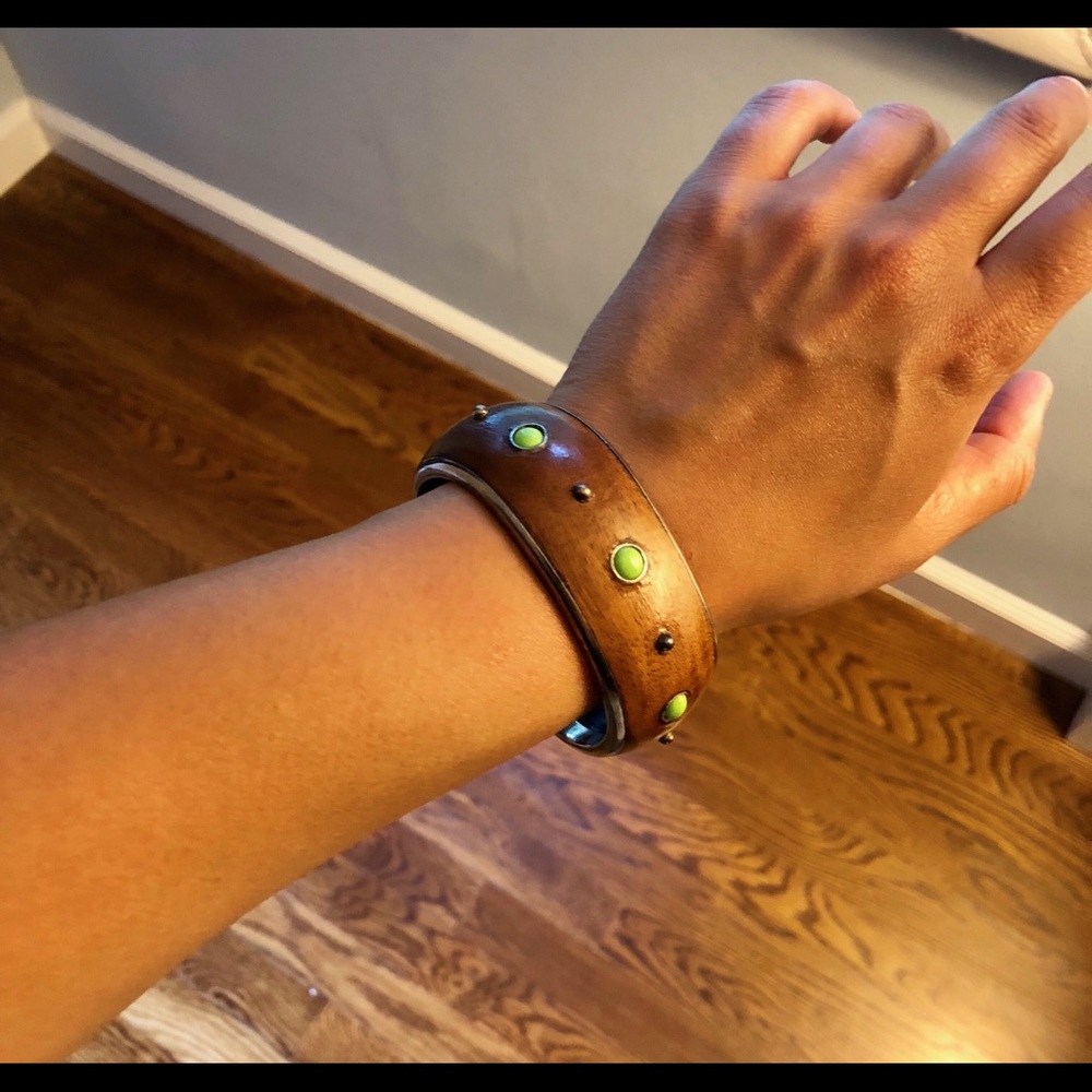 Cuff bracelet, silver / wood, green stone accents